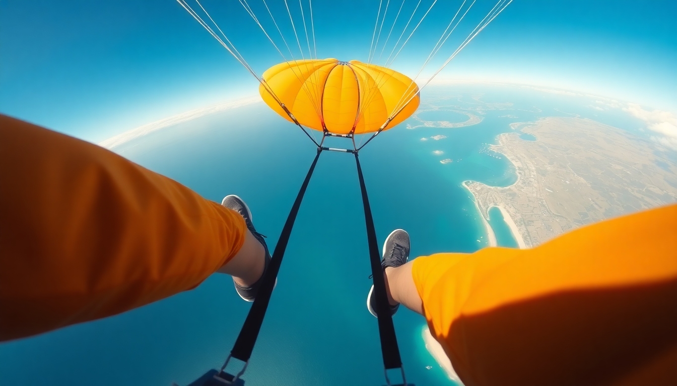Visão em primeira pessoa de um salto de paraquedas