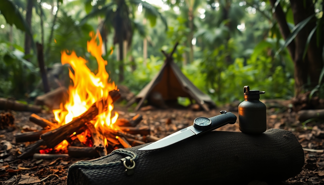 Equipamentos de sobrevivência na selva ao lado de uma fogueira
